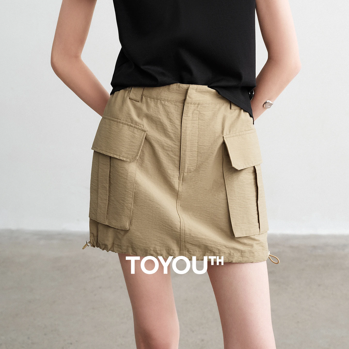 TOYOUTH Women Slub Cotton Skirts 2026 Spring New Wrinkled Texture Elastic Waist Cargo Large Pocket Mini Skirts
