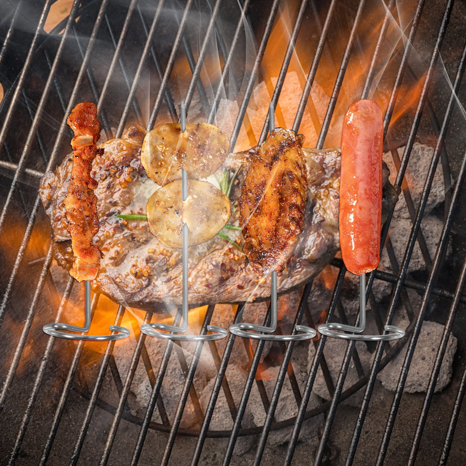 

6Pcs Stainless Steel Bbq Kebab Skewers Vertical Air Fryer Accessories Reusable Metal Grilling Standing Skewers