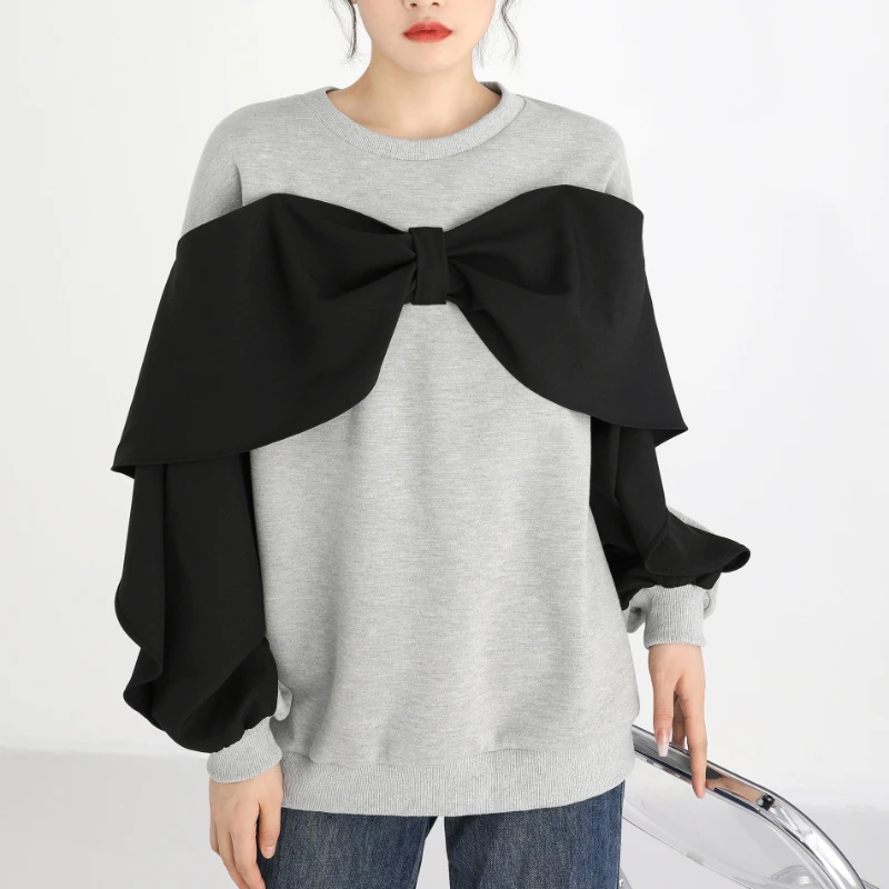 O-neck Sweatshirt Women Fake Two Piece Patchwork Bow Sweet Ruffles Korean-style Design Office Ladies All-match Loose Trendy Cozy