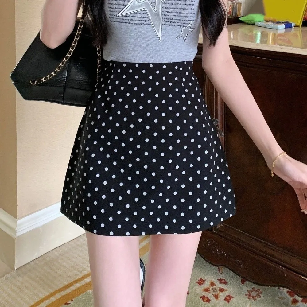 

High Waist Polkatdot Short Skirt Top Collocation Slim Fit Dot Half Slips Black/Apricot Spicy Girl Dot A-line Dress Outdoor