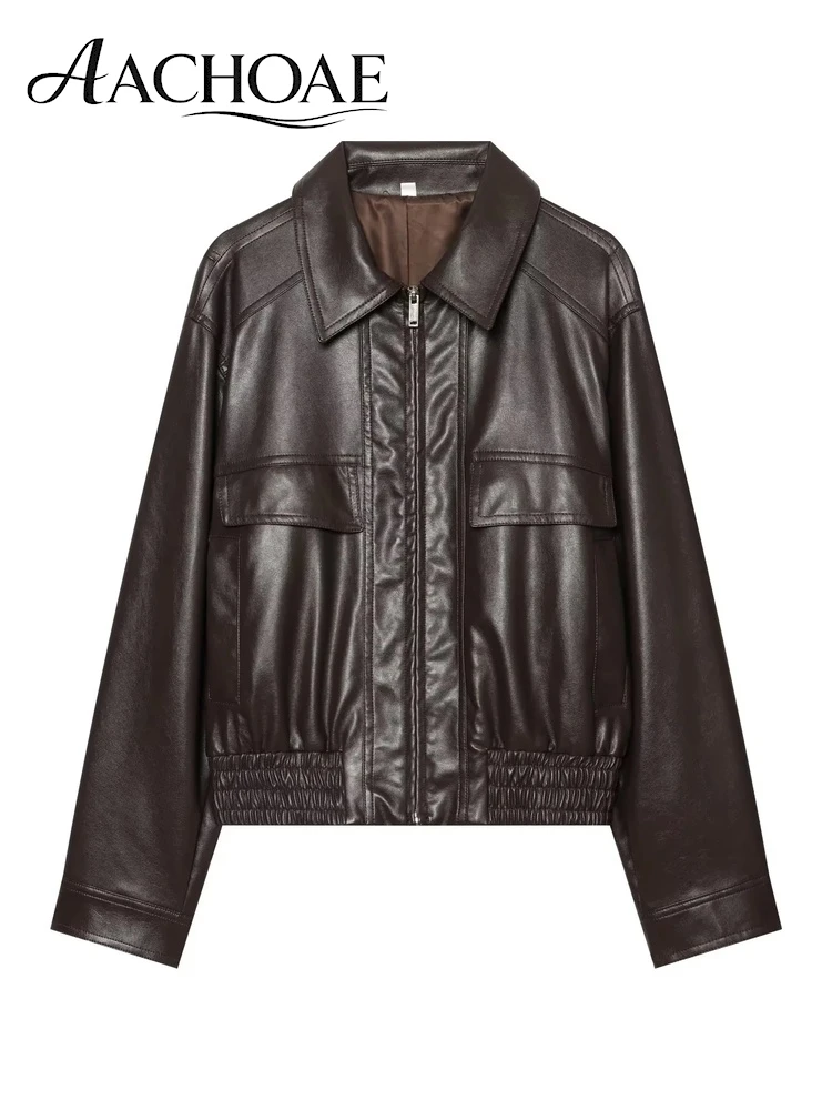 AACHOAE Women Faux Leather Bomber Jacket Vintage Cropped PU Leather Coat Zip Up Turn Down Collar Loose Casual Outerwear