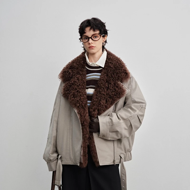 YOLANFAIRY الخريف والشتاء 90 الأبيض أوزة أسفل الفراء سترة انفصال لامب طويلة الأكمام الفراء طوق معطف الصوف شوهابا اغنائية 2025