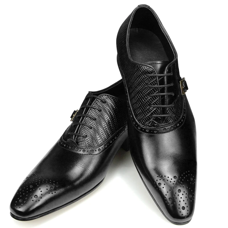 Zapatos Brogue de cuero genuino de lujo para hombre, calzado Formal Oxford con cordones, hecho a mano, para oficina y negocios, hebilla de Metal