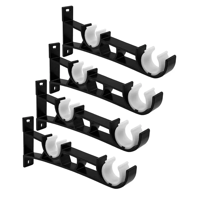 PHFU-Double Curtain Rod Brackets(4-Pack), Black Wall-Mounted Hooks Holders Supports For Heavy For Drapes