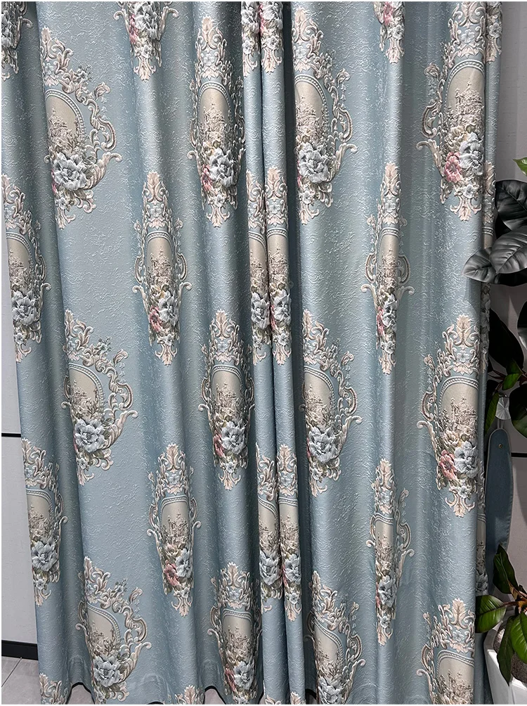 Custom American retro living room relief thick European high-grade blue cloth blackout curtain tulle valance drape C1645