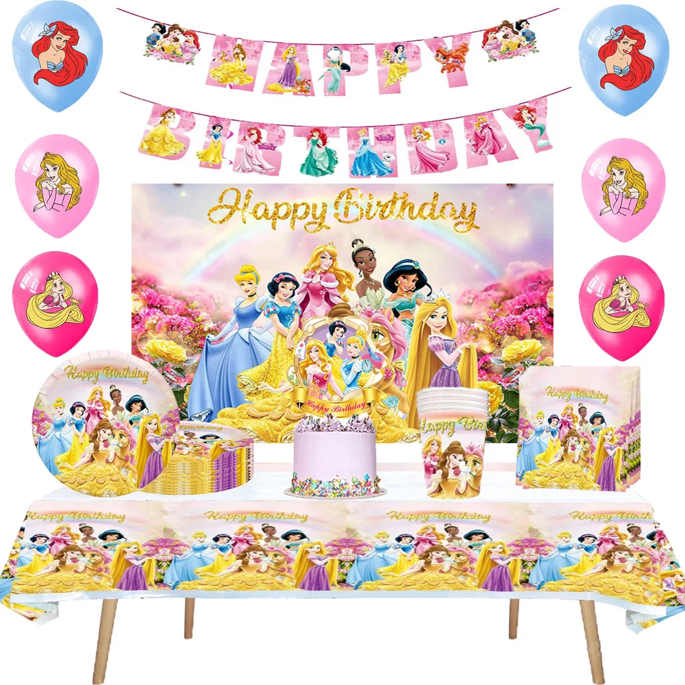 

Disney Princess Happy Girl Child Birthday Theme Party Decoration Set Party Supplies Cup Plate Banner Hat Straw Loot Bag Cake Dec