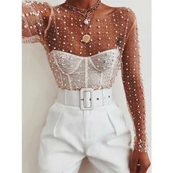 Gtpdpllt Sexy See Through T Shirt Women Mesh Patchwork Diamonds Pearl Slim T-Shirts Elegant Crop Tops Female 2026 Spring Clothes