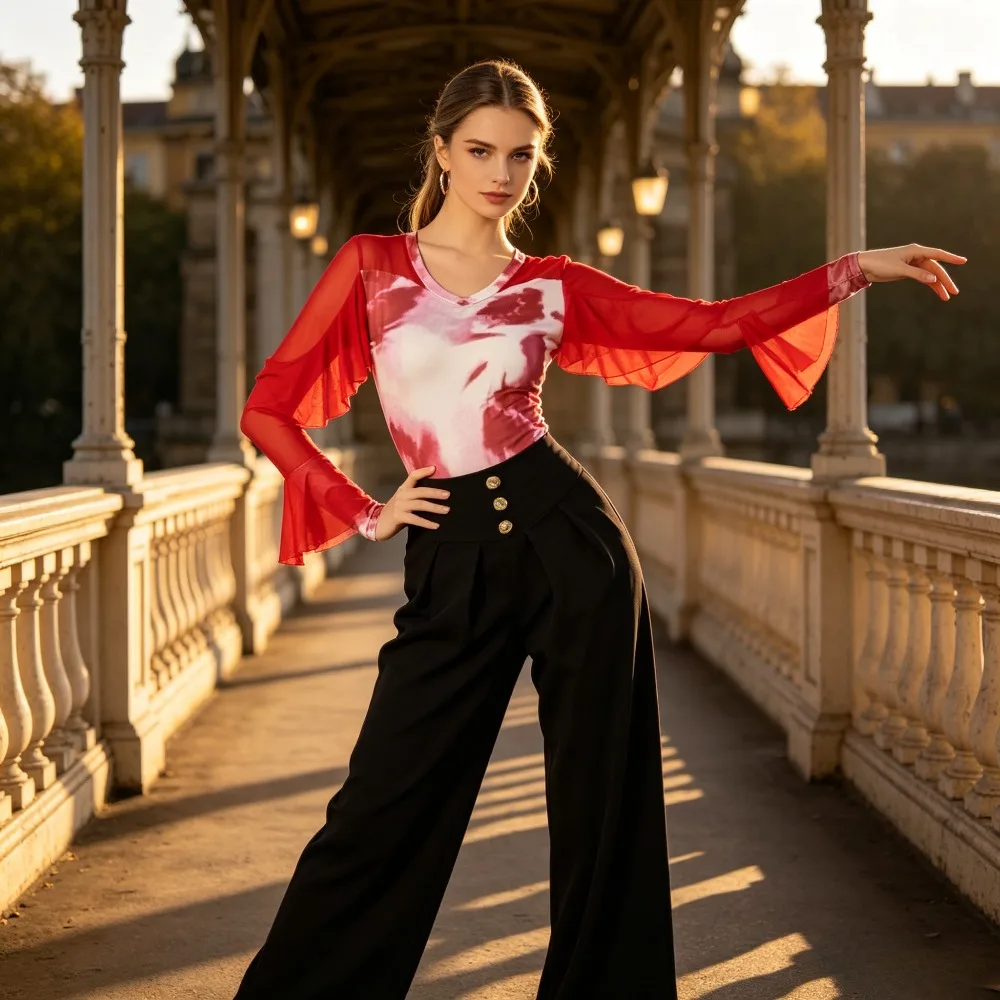 

new Printed Long Sleeve Latin Dance Top,Dance Costume for Women,Modern Ballroom Outfit for Practice & Latin Dance Competition
