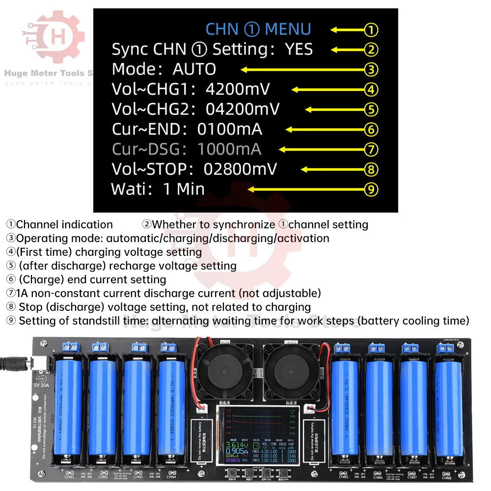 Modulo Tester di capacità della batteria al litio a 8 canali 18650 MAh MWh modulo rilevatore di alimentazione della batteria di