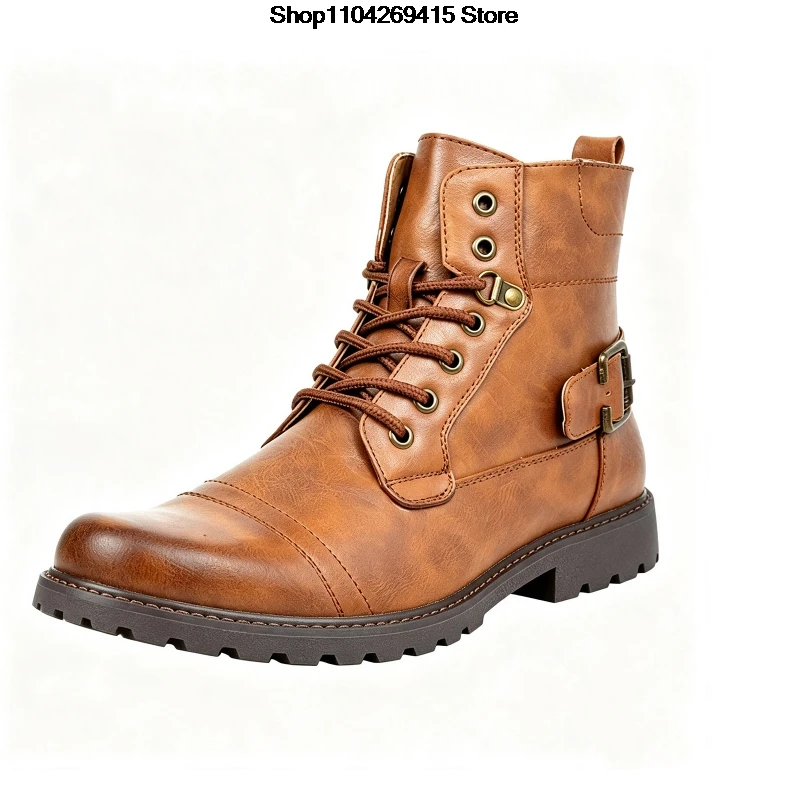 Autumn Winter Men high-top Boots Leather Round Toe Square Heel Males Shoes Exquisite Fashion Leisure Design Men Motorcycle Boots
