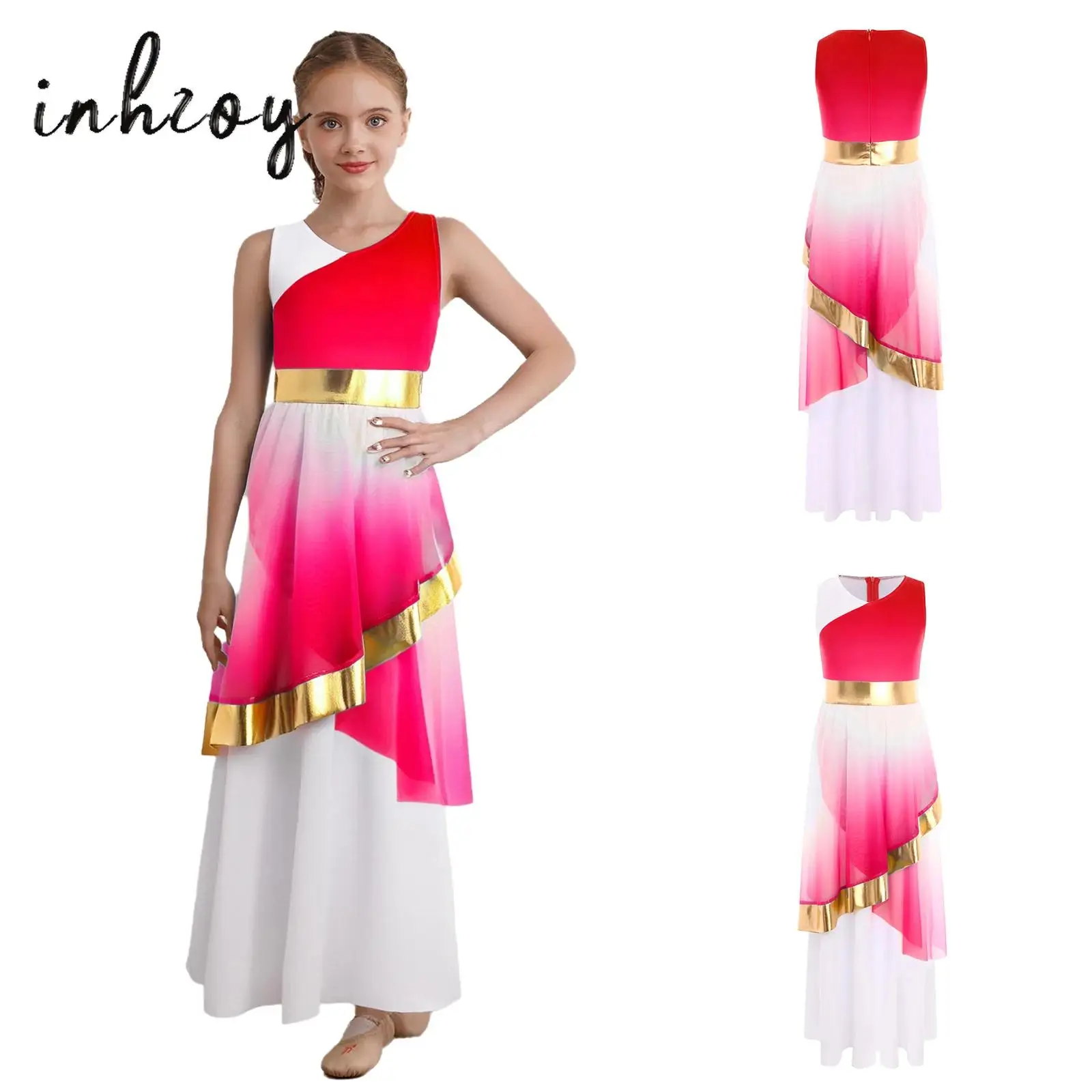 

Girls Liturgical Praise Dance Dress Gradient Color V- Neck Sleeveless Metallic Waist Asymmetrical Mesh Hem Layer Lyrical Dress