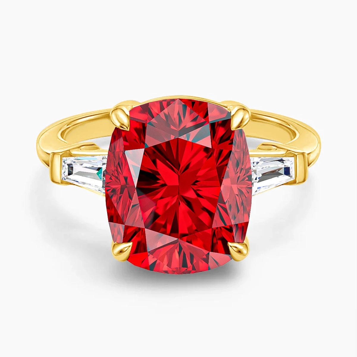 

14K Gold 8ct Cultured Ruby Ring for Women Cushion Cut Moissanite 3-Stone Engagement Ring, Luxury Lab Grown Red Gemstone Wedding