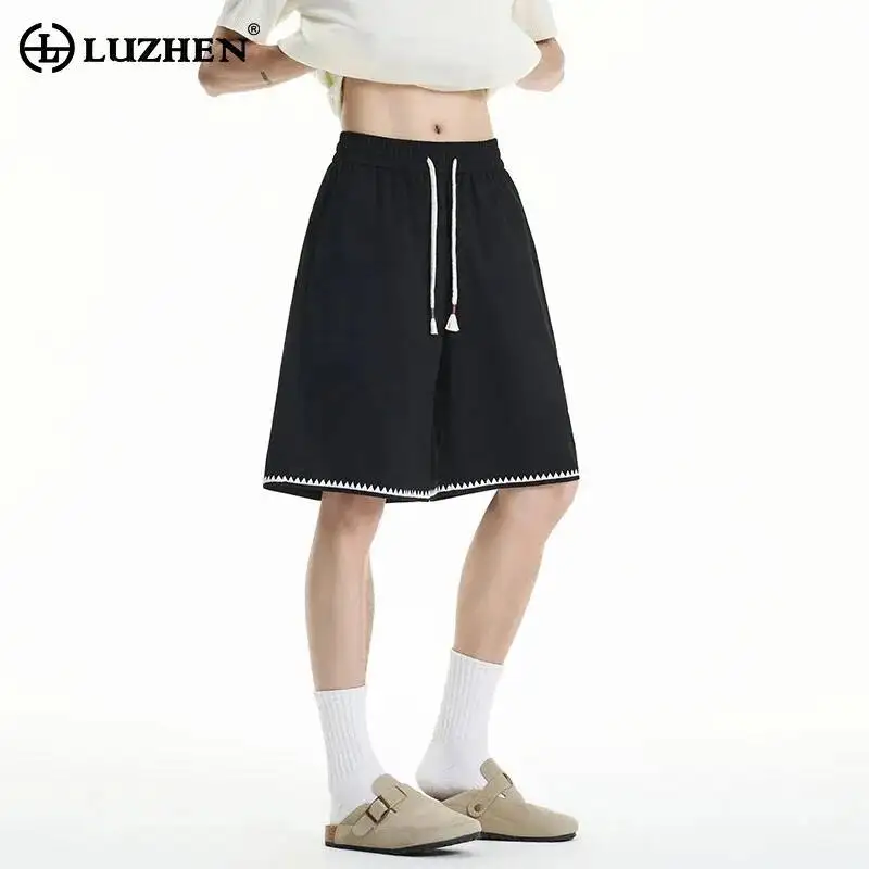 LUZHEN Summer Embroidery Outline Loose Straight Five-pointed Pants Men 2026 Fashion Handsome Casual Elastic Waist Shorts JY8070