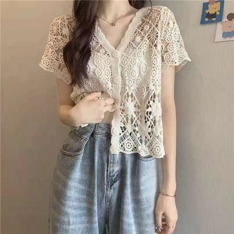 2024 Summer Korean Fashion Minimalist Sweet Style Blouses Loose Short Sleeved Hollow V-neck Solid Color Button Women\'s Shirt Top