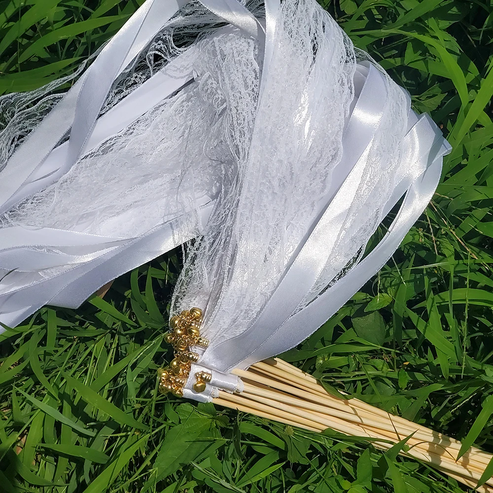 White Ribbon Wands Fairy Sticks Wedding Twirling Lace Streamers With Golden Silver Bell Party Cheering Prop Favor for wedding