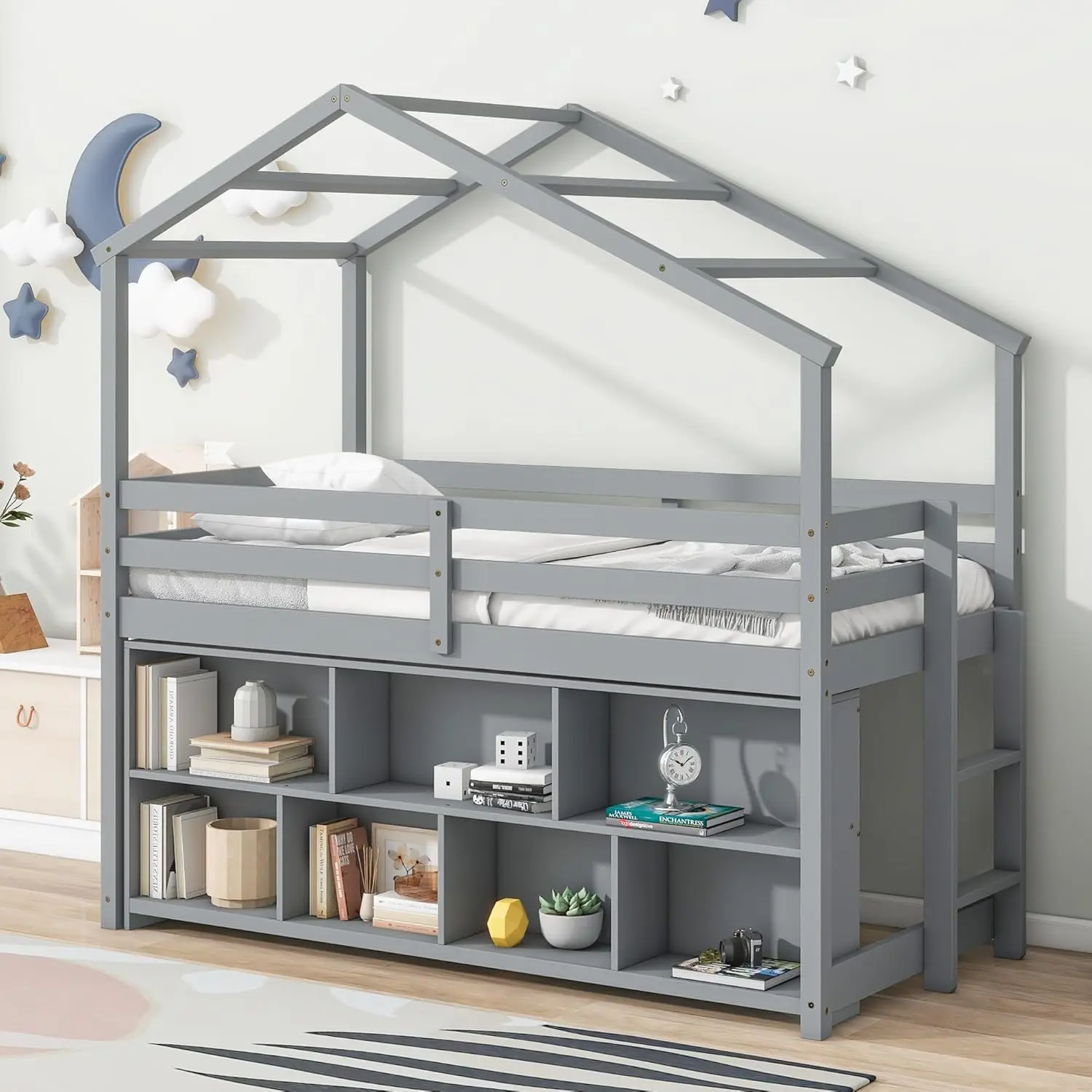 Twin Size House Loft Bed With Roof Frame, Under Bed Shelving Storage Unit, Solid Wood Loft Bed Frame With Ladder And Guardrails