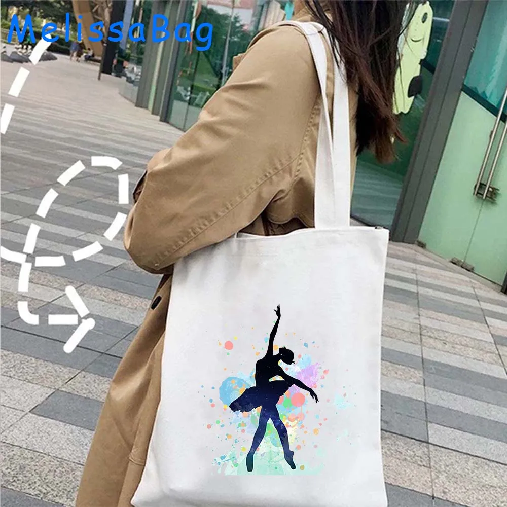 Bolso de mano de lona con silueta de chica bailarina, bolsa de algodón con corazones, amor, baile, bailarina de Ballet, gimnasia, regalos bonitos, Harajuku