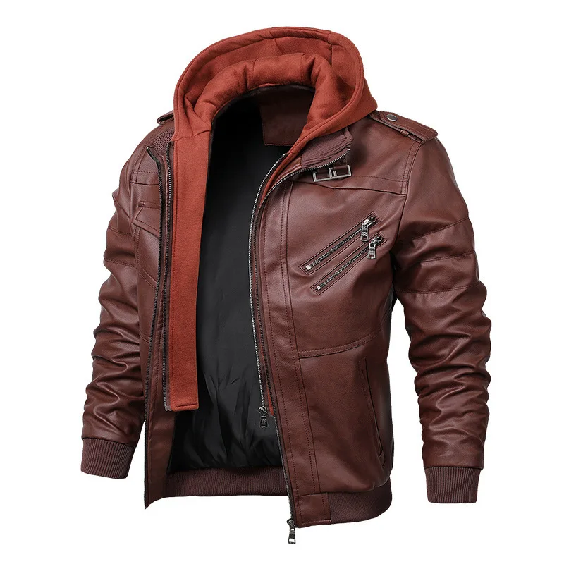 Men Hooded Leather Jackets Camouflage Casual Leather Coats New Male Street Wear Motorcycle Leather Jackets Hat Detachable 4XL - view 4