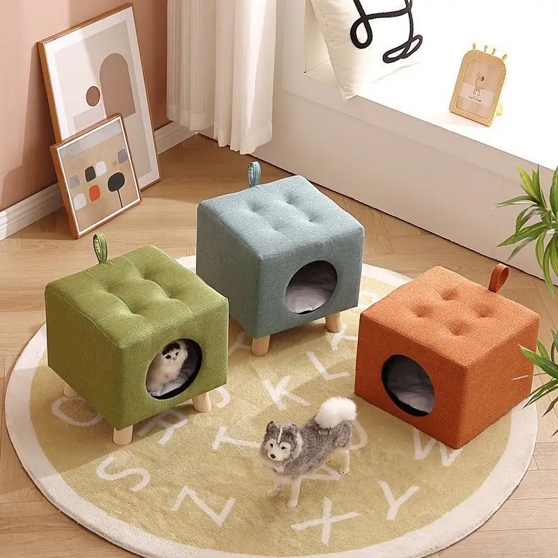 

Solid Wood Cat Bed Stool, Multi-Functional All-Season Semi-Enclosed Cat House, Summer Cool Winter Warm for Kitten Small Cat
