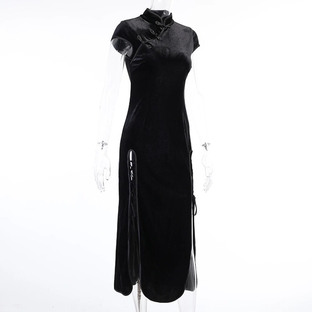 Vestido largo de terciopelo gótico para mujer, S-XL, estilo Cheongsam, Sexy, con abertura alta, cuello chino mandarín, cintura alta, con cordones