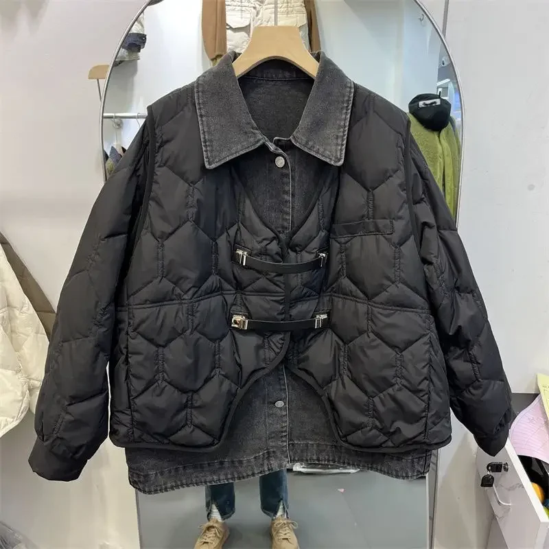 2025 Winter New Women's Denim Down Jacket Loose Splicing Polo Collar Jacket