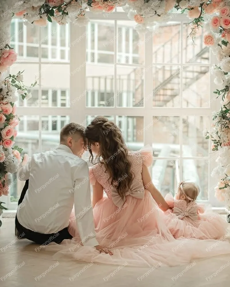 Pink Mother And Kid Tulle Matching Dresses Puffy Shoulder Long   Photo Shoot Family Look First Birthday Mom And Me Evening Gowns