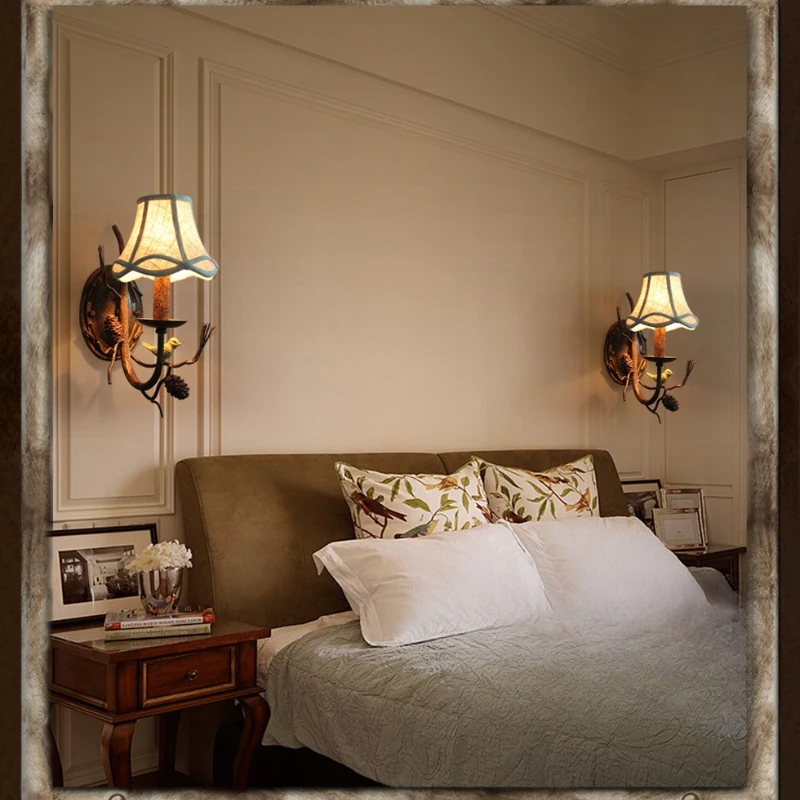 الأمريكية السرير كوز الصنوبر الجدار مصباح العتيقة الطيور مصباح غرفة الطعام غرفة المعيشة الحديد ريفي النسيج الظل مصابيح الحائط #2