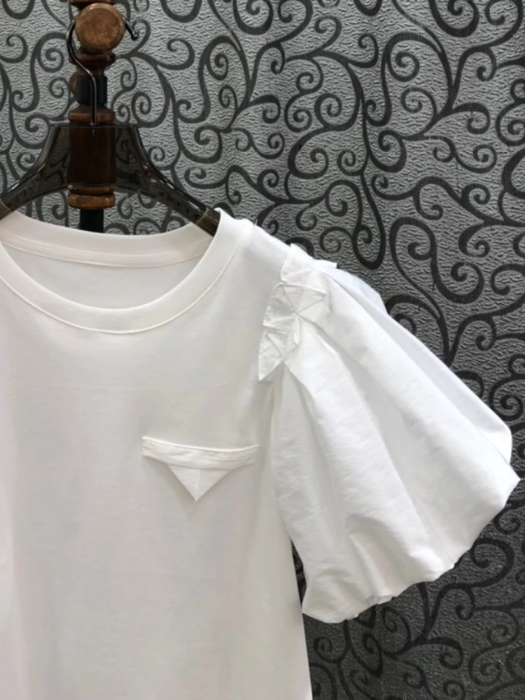 Vintage Simple Tshirts for Women Summer T-shirts Puff Sleeve O-neck Tees All Match Tops Fashion Sweet White Tees 2024 Ropa Mujer