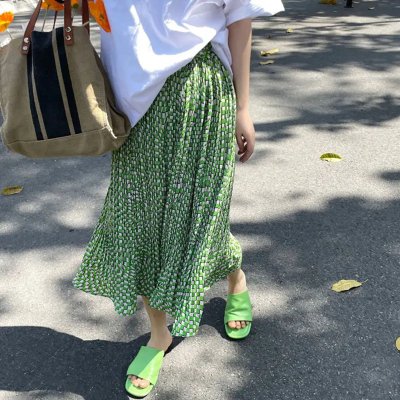 Green Skirts Women Folds Soft Casual Breathable Midi Summer All-match High Waist Retro Korean Style Femme Floral Faldas Design