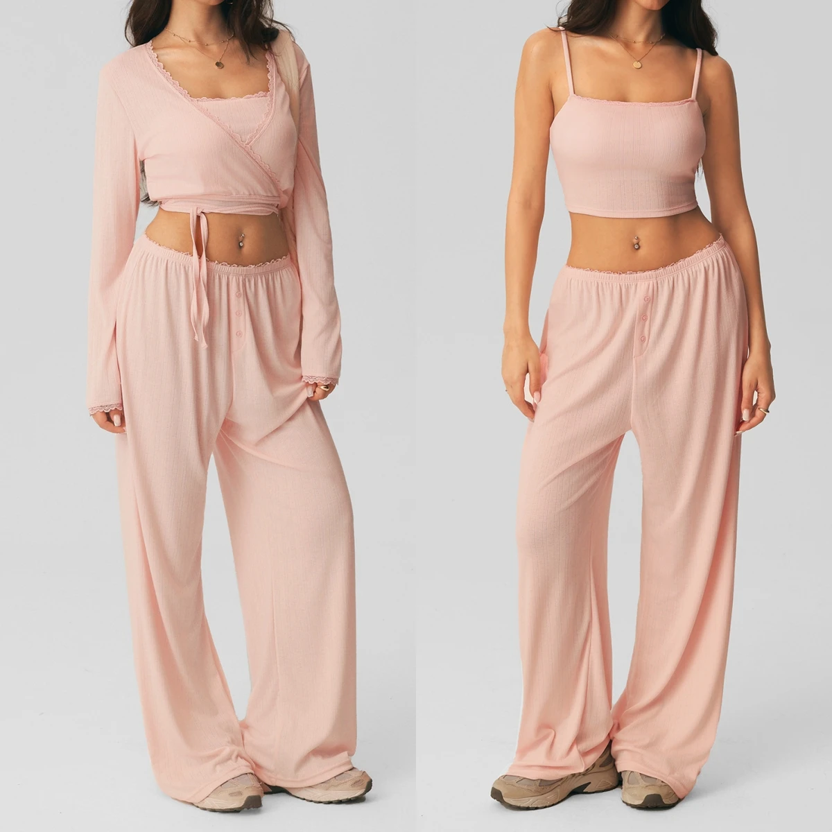 Women 3 Piece Yoga Set Lace Trim Cami Crop Top + Wrap Long Sleeve Shirts + Wide Leg Pants Gym Fitness Workout Clothes Loungewear