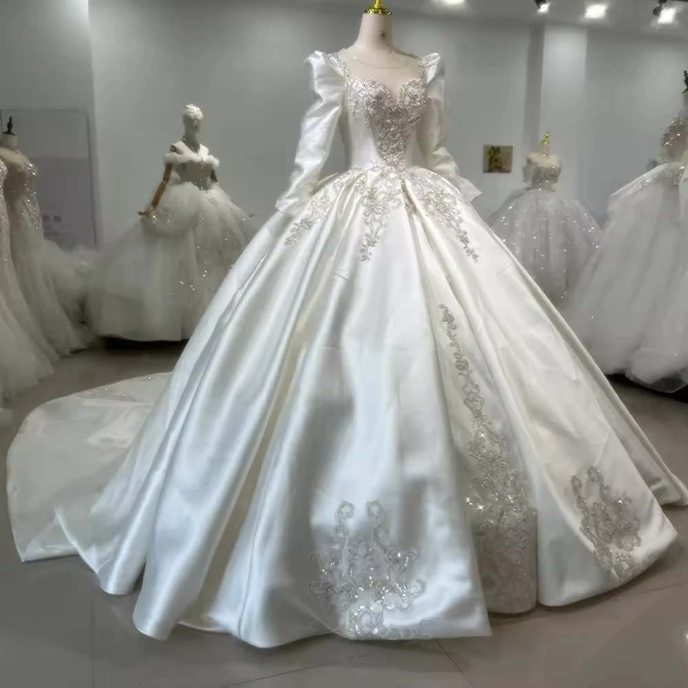 Robe Mariée Femme O-คอยาวแขนยาว Lace Up กลับชุดแต่งงานเย็บปักถักร้อย Sequined Ball Gown ที่กําหนดเองชุดเจ้าสาว