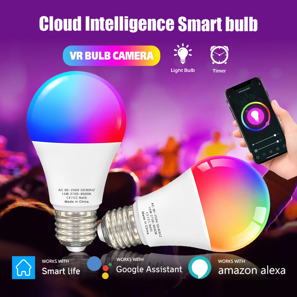 Tuya WiFi Smart Led Lamp Bulb Dimming LED Light Bulb 15W RGBCW Smart Home Smart Life APP Control Works With Alexa Google Home