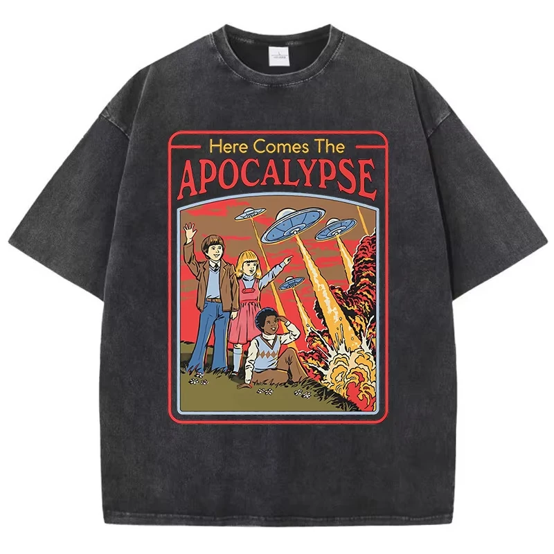 Aquí viene el Apocalipsis Ufo, ropa Retro lavada para hombre, ropa de calle de gran tamaño de calidad, Tops de algodón a la moda, camiseta holgada informal