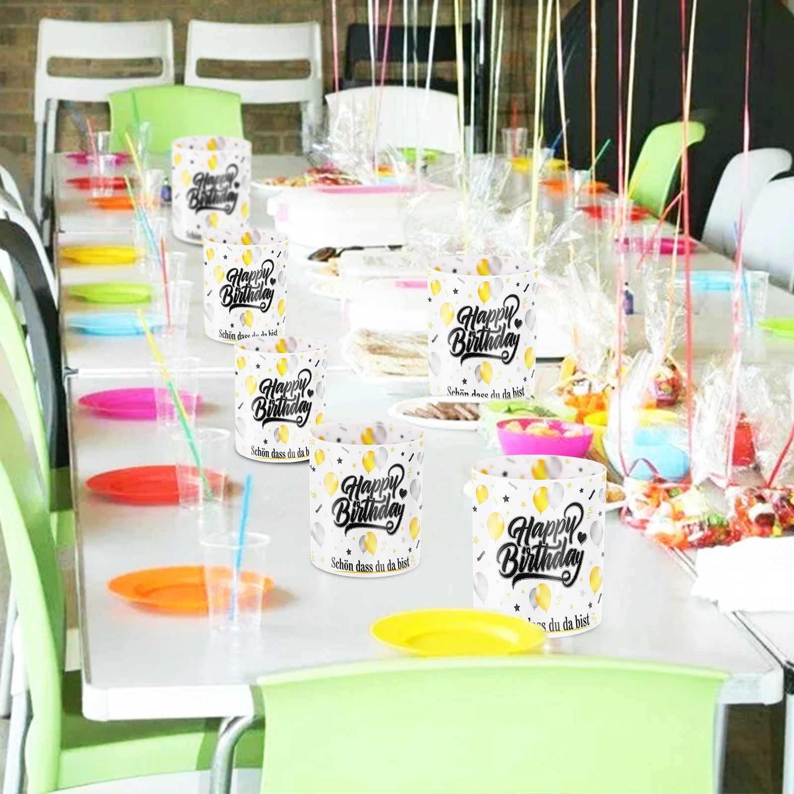 8 pcs. Black Gold Birthday Table Lamp Shades - Battery-Free Decorative Plastic Covers with Balloons