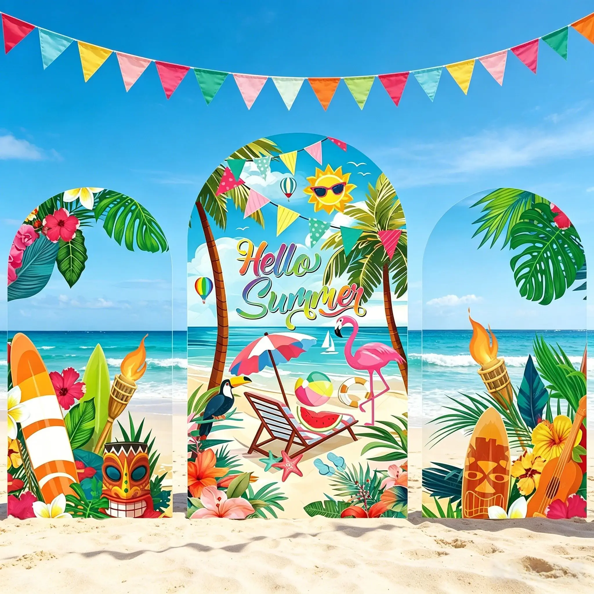 Summer Tropical Beach Theme Arch Background Cover Flamingo Pineapple Palm Pool Party Background Decoration Photography Props