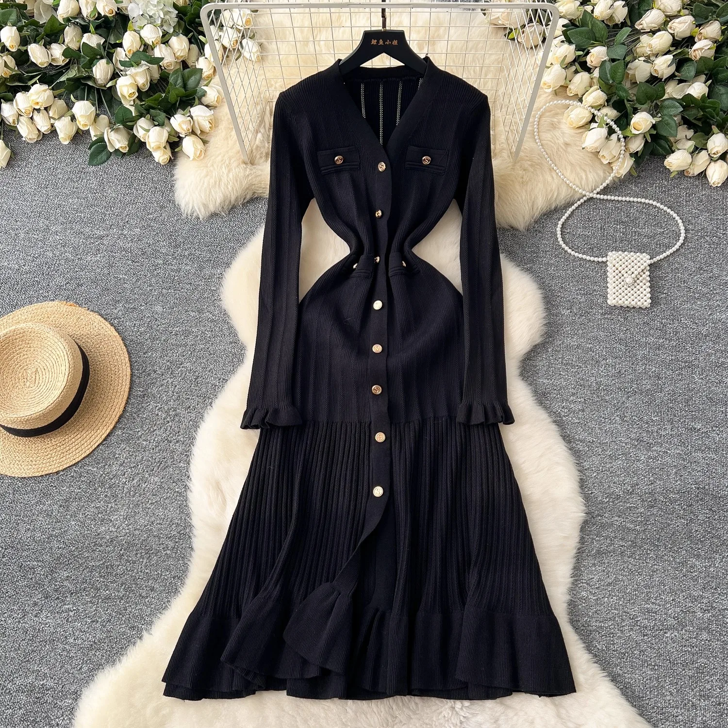 YuooMuoo Marke Mode Vintage Gestrickte Lange Kleid 2025, Herbst Winter Frauen Elegante V-ausschnitt Rüschen Pullover Kleid Party Vestidos