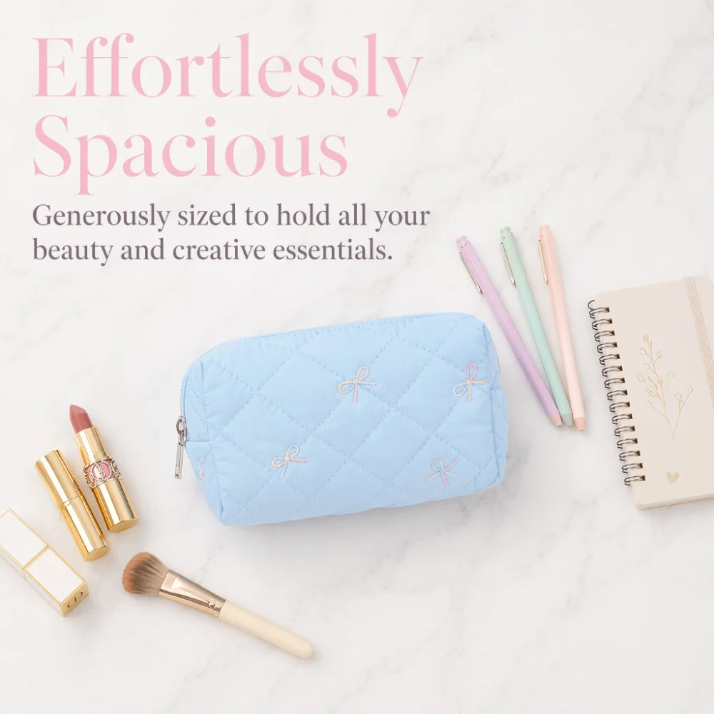 Multifunctional Quilted Makeup Bag Bow Embroidery Large Capacity Cosmetic Pouch Cosmetic Bag Women Gilrs