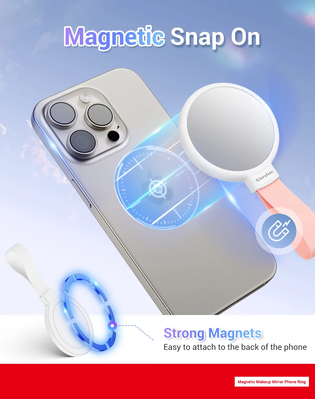 Magnetic Makeup Mirror Phone Ring Holder Selfie Mirror Magsafe with Anti-drop Grip for iPhone 15 14 13 12 for Makeup Vlog Stream