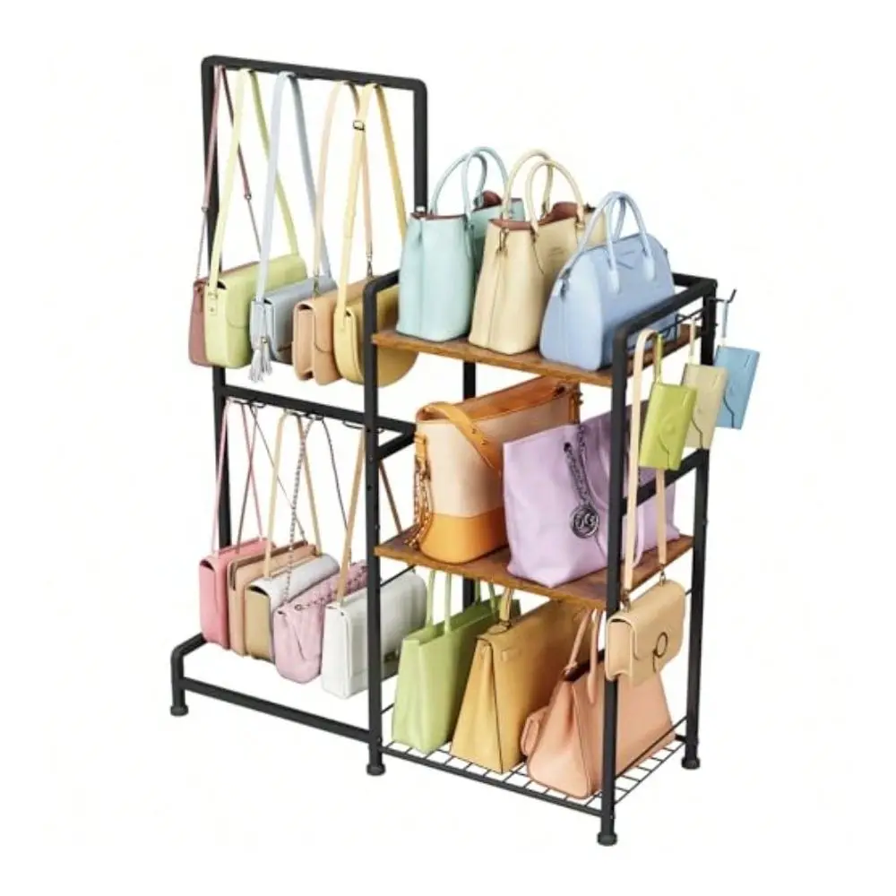 

Storage Organizer For Women 3Tier Max Purse Storage Stand Rack Holder Bag Shelf For Closet 12 Fixed Hooks 3 Side Hooks Keeping
