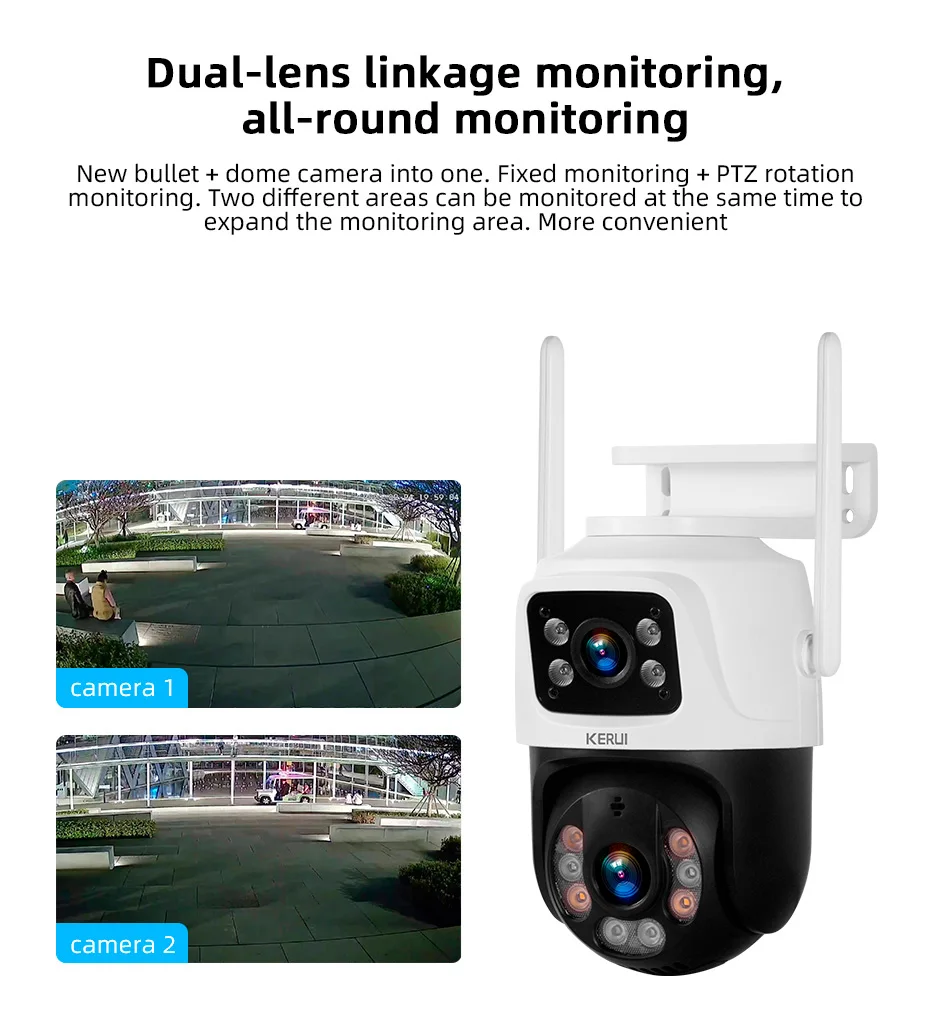 KERUI 6MP WIFI IP Camera Outdoor PTZ Dual Lens Dual Screen Auto Tracking Waterproof Security Surveillance Police Light Alarm