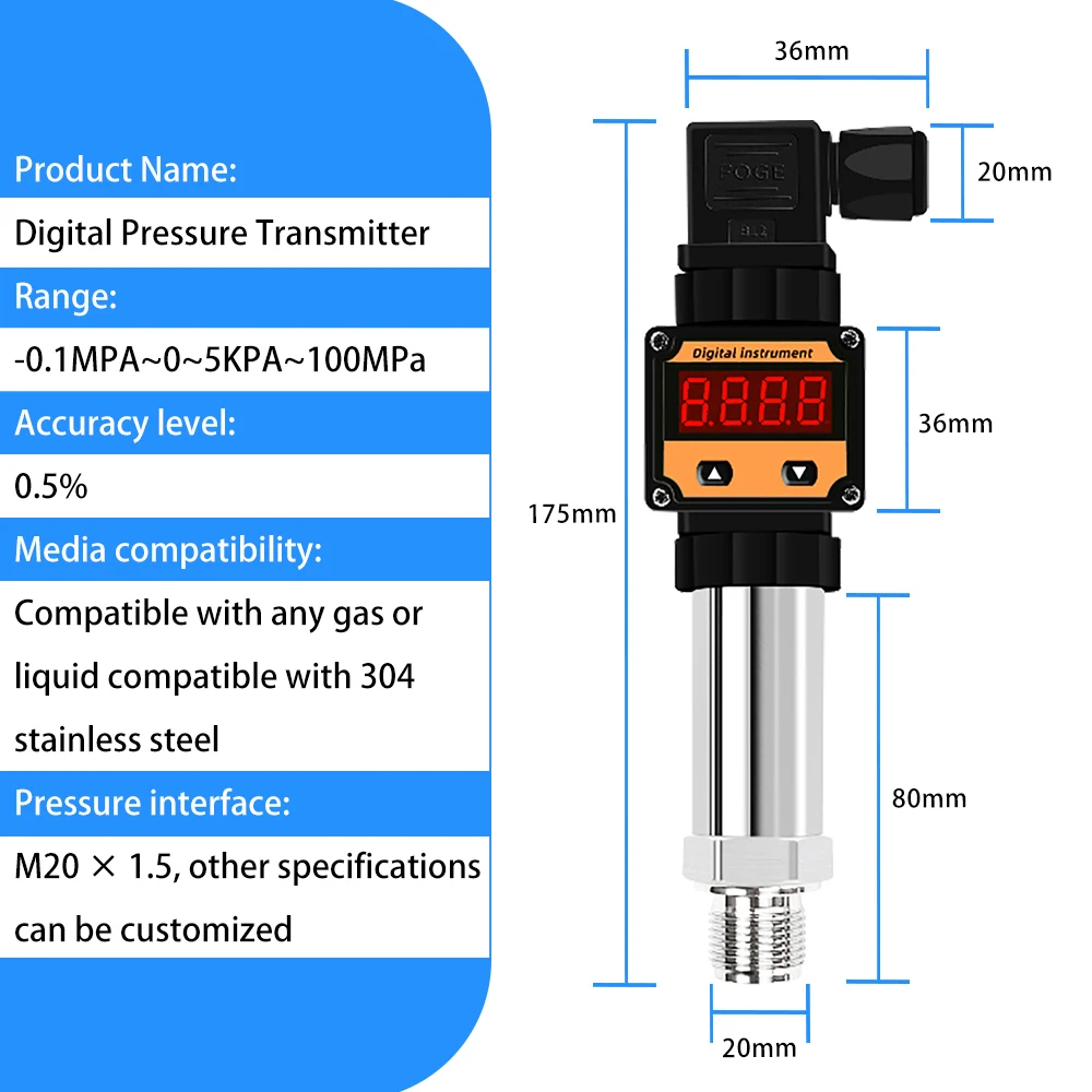 Digital Display Stainless Steel IP65 Compact Pressure Transmitter 4-20mA RS485 Output High Precision Miniature Design Gas Liquid