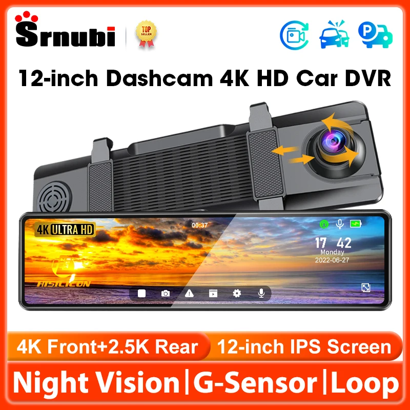 

12 Inch Car DVR Car Touch Screen Video Recorder Front 4K Rear 2.5K Mirror Dash Cam HD Night Vision 24H Parking 4K Drive Recorder