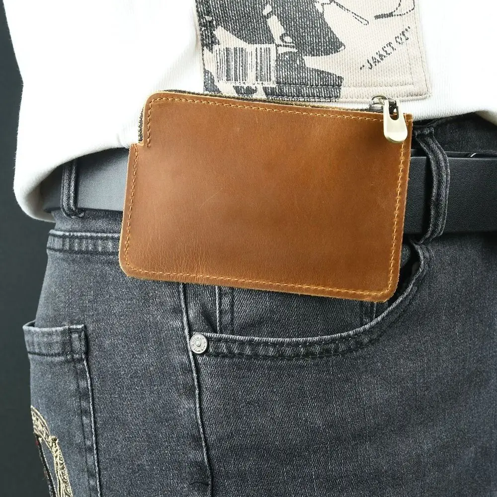 محفظة قصيرة للرجال من الجلد الطبيعي رفيعة للغاية مع حلقة حزام وحامل بطاقة الائتمان وخفيفة الوزن وسحاب للعملات المعدنية للسفر