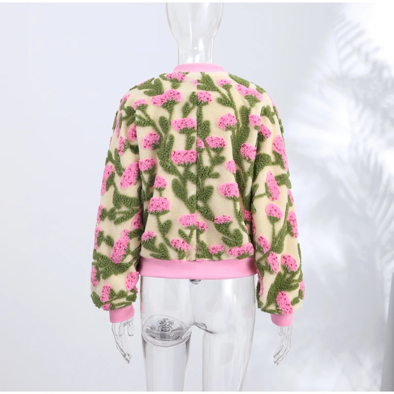 Süße, verträumte Blumen-Plüschjacke für Damen, lässiger Oversize-Fleece-Mantel mit langen Ärmeln und Reißverschluss, 2026, High-Street-Alltagskleidung – Detail 3
