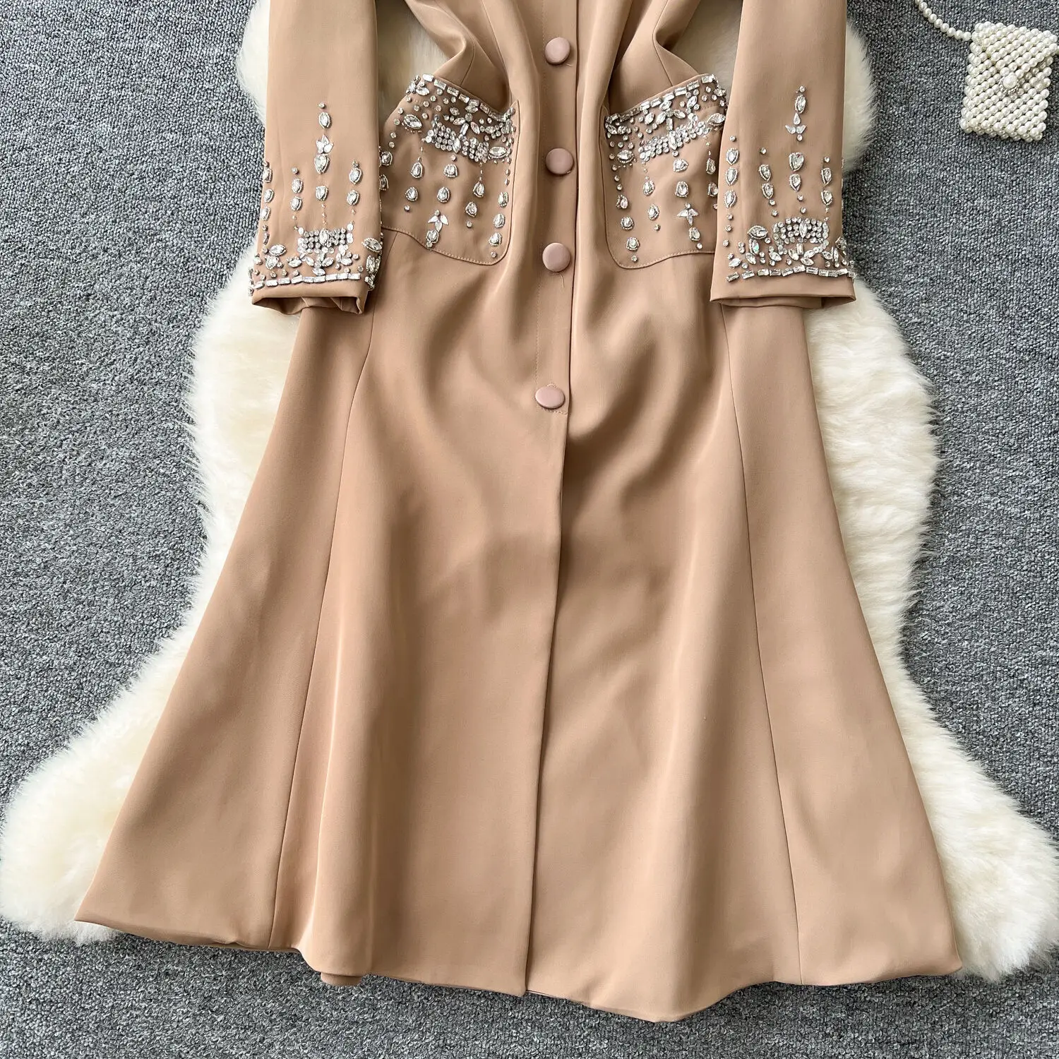 Autumn Winter Chain Tassels Beaded Trench Blazer Dress Women Suit Coat Long Sleeve Solid Office Lady Work Dresses Windbreaks