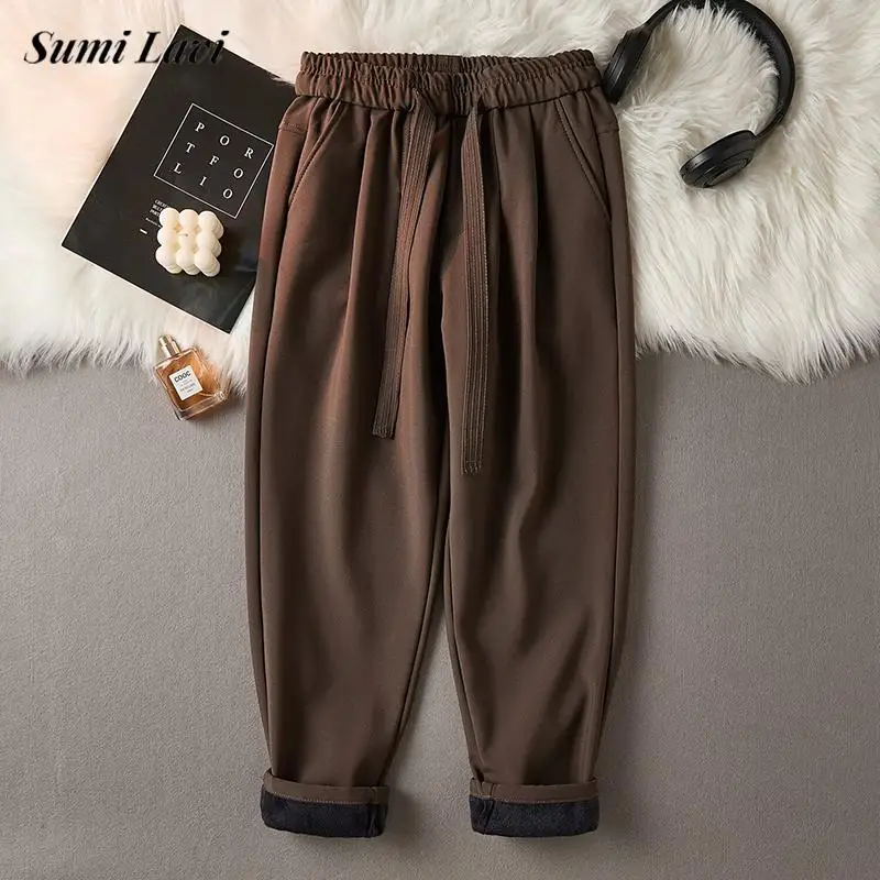 

Trendy Mens Solid Color Cropped Pants 2025 Autumn Winter Casual Warm Fleece Liner Trousers Men Stylish Drawstring Slim Bottoms