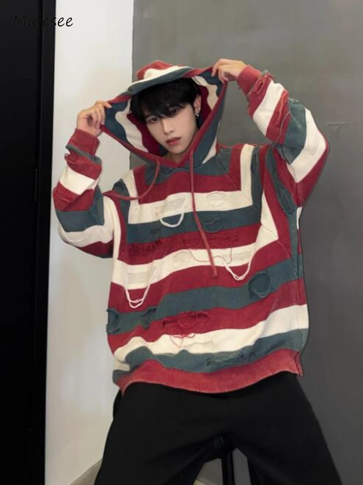 Knitted Sweaters Men Hooded Striped Daily Frayed Personality European Style Retro Hipster Baggy Streetwear Vitality Prevalent