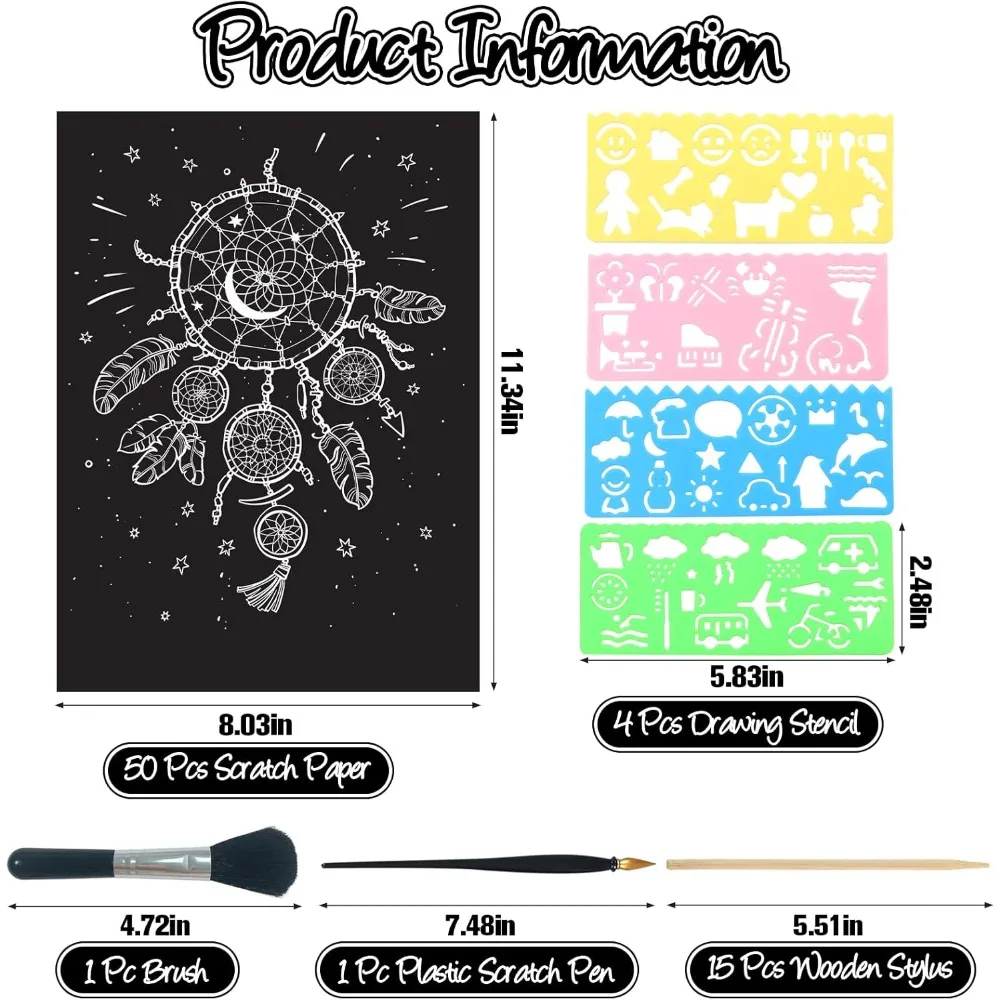 Set de arte de papel para rascar, 50 piezas de tablero para rascar recubierto de negro de 8 × 11 pulgadas, papel grande para rascar