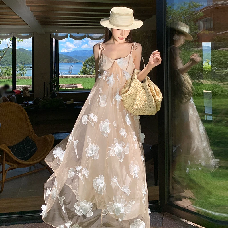 

Свадебное платье цвета шампань с 3D-вышивкой цветами, сетчатое, длинное, с завышенной талией, летнее, для женщин