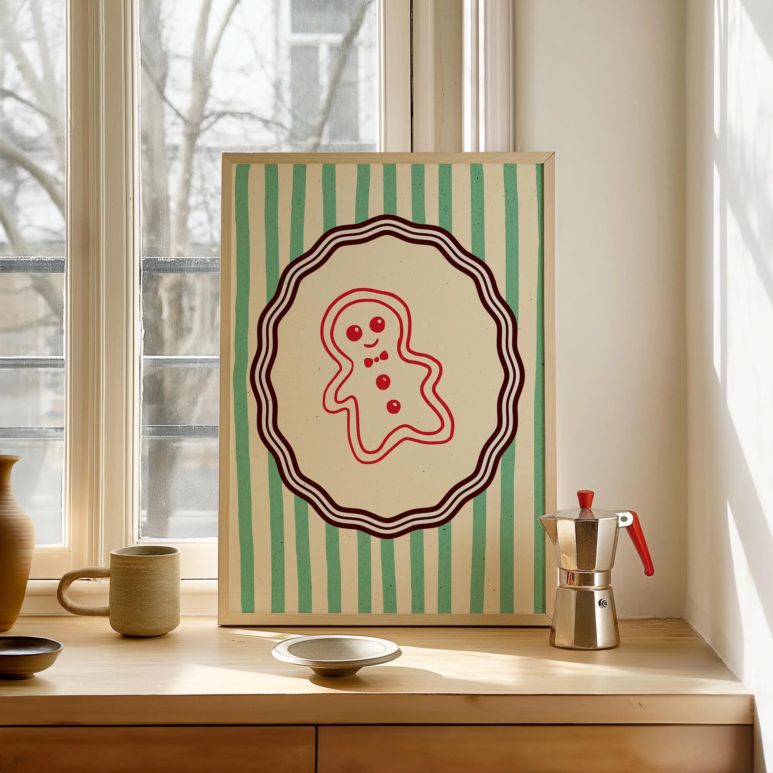 Vintage Gingerbread Christmas Poster Green Striped Kitchen Wall Art Poster - Holiday Cookie Canvas Prints for Living Room Decor